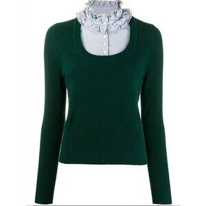 Sandro Bottle Green Ruffle Neck 100% Wool 100% Cotton Layered Pullover Sweater L